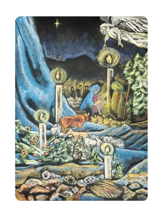 Advent symbolism of candles, shells, plants, animals, and people with an angel, Christmas star, shepherds and wisemen