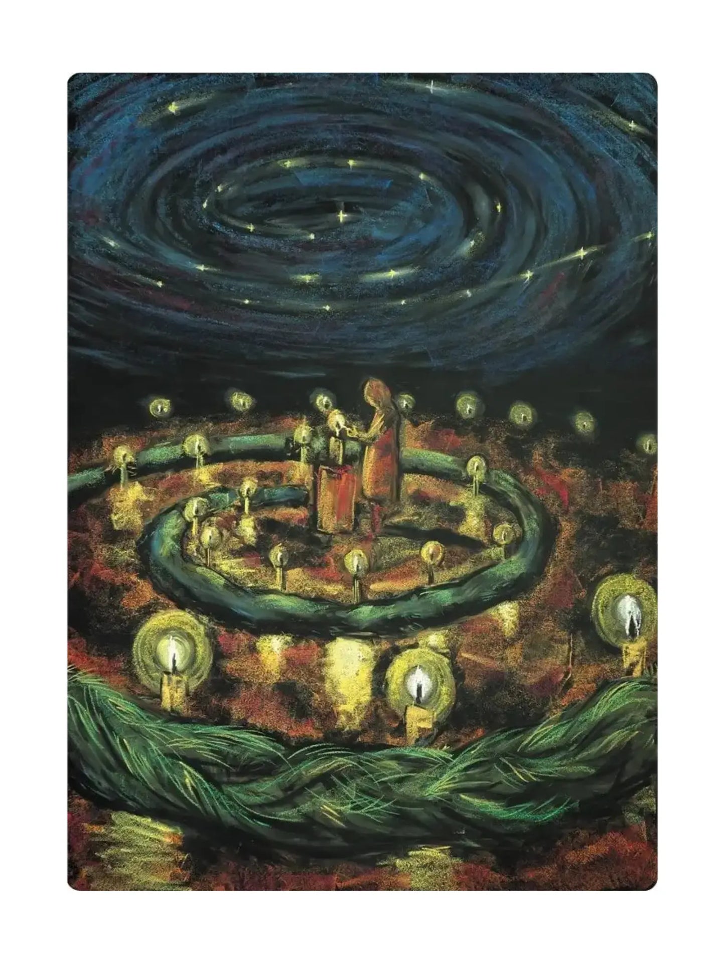 Waldorf Winter Spiral Walk at the center of a starry night sky.