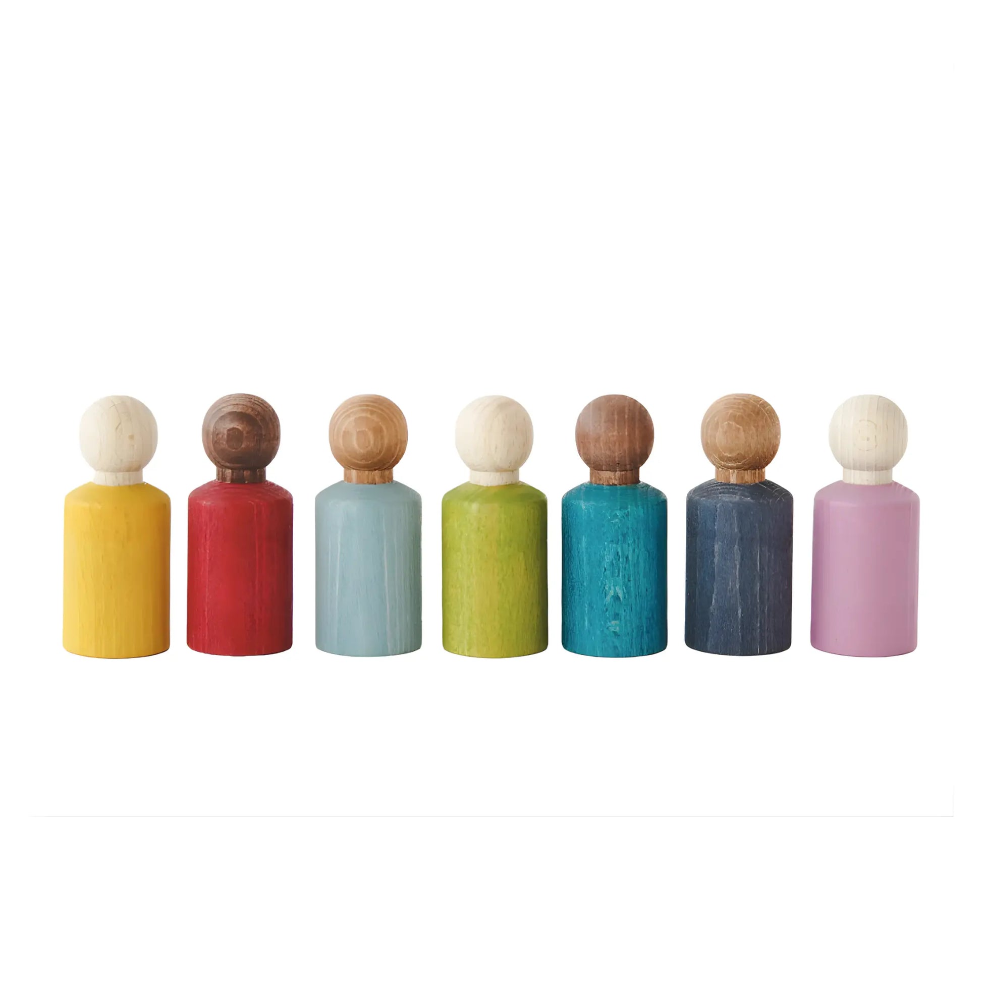 Set of colorful wooden bottles with different colored tops on a white background