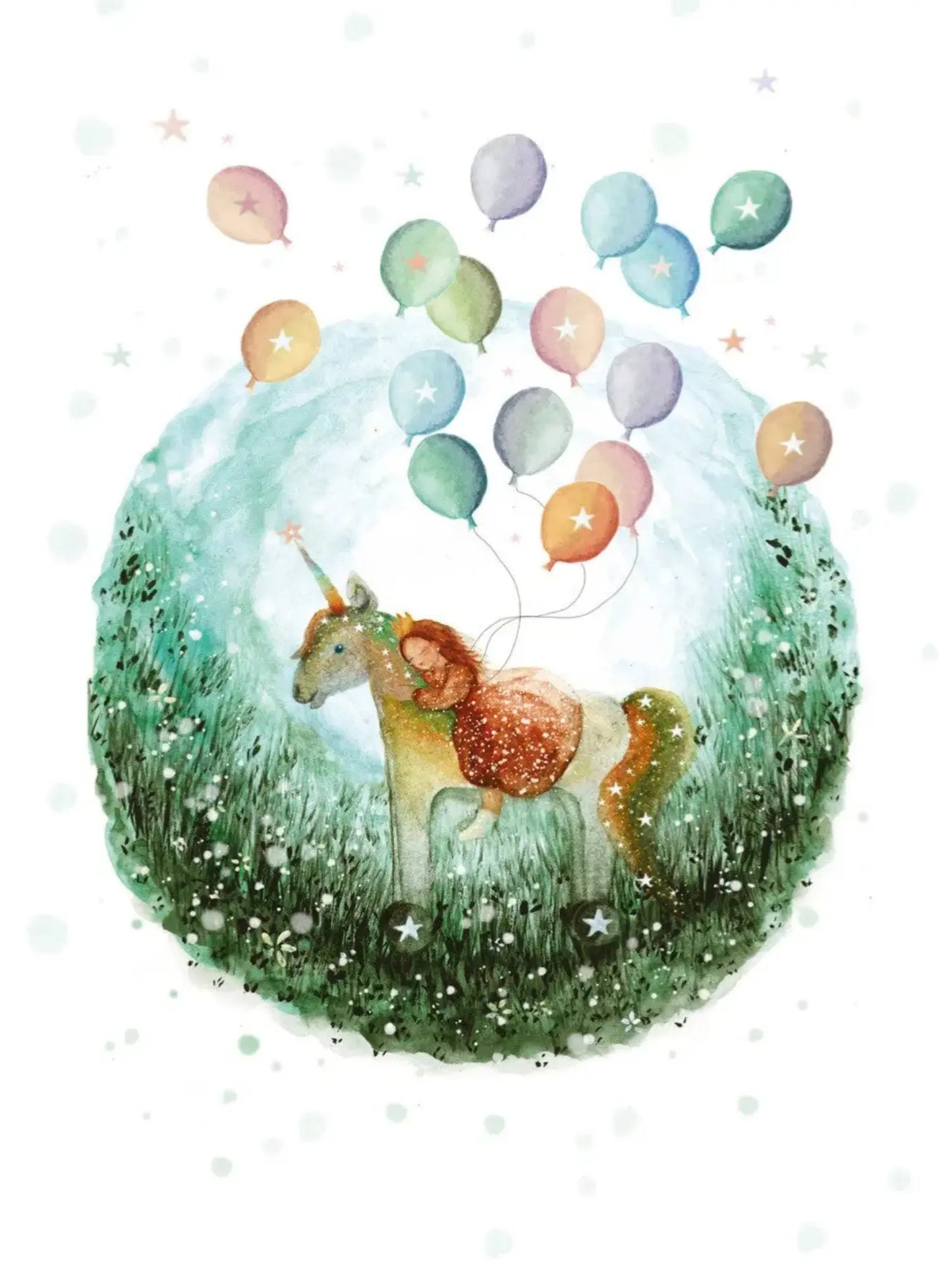 Girl with crown on the back of a unicorn hugging its neck surrounded by balloons