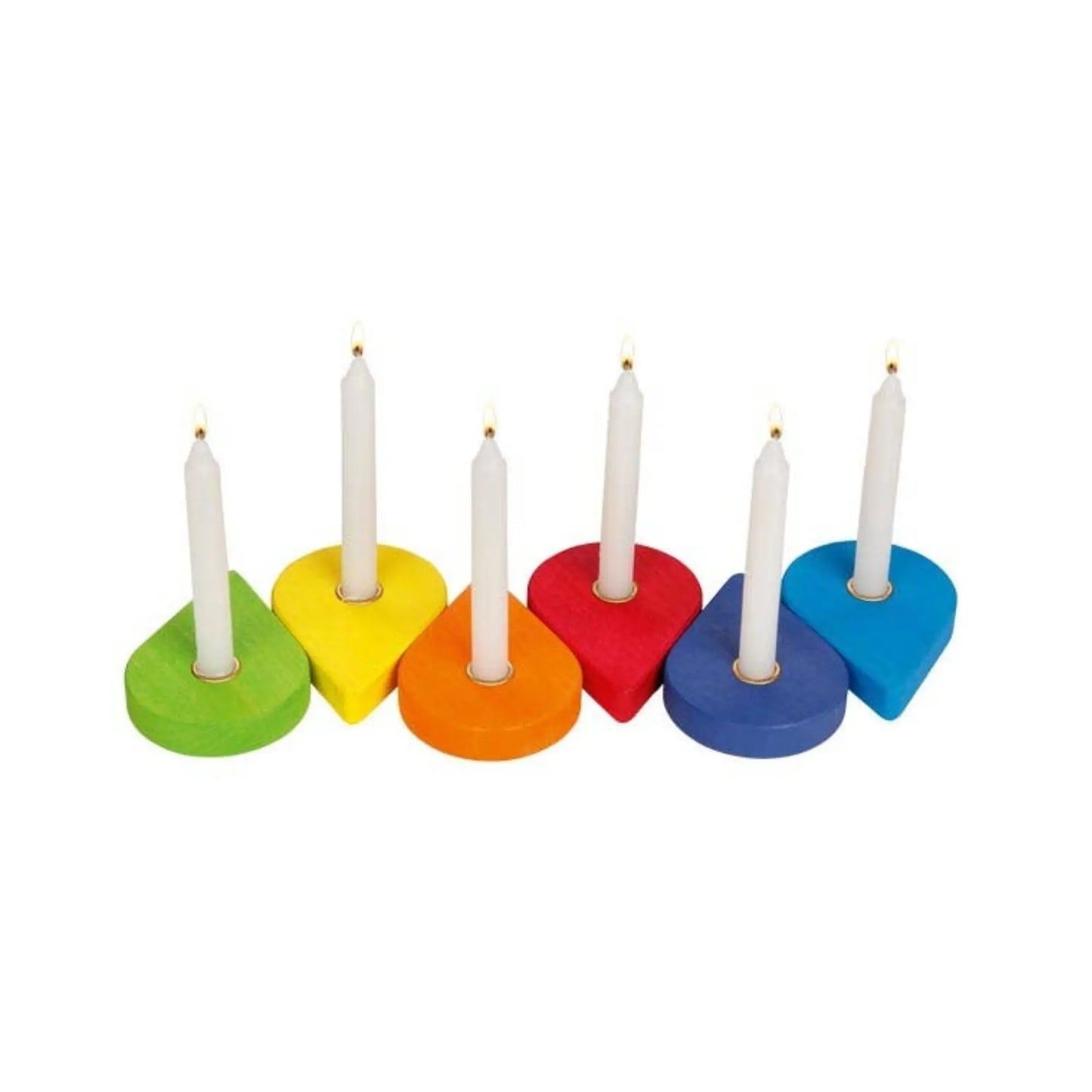 Colorful wooden candle holder with six candles on a white background