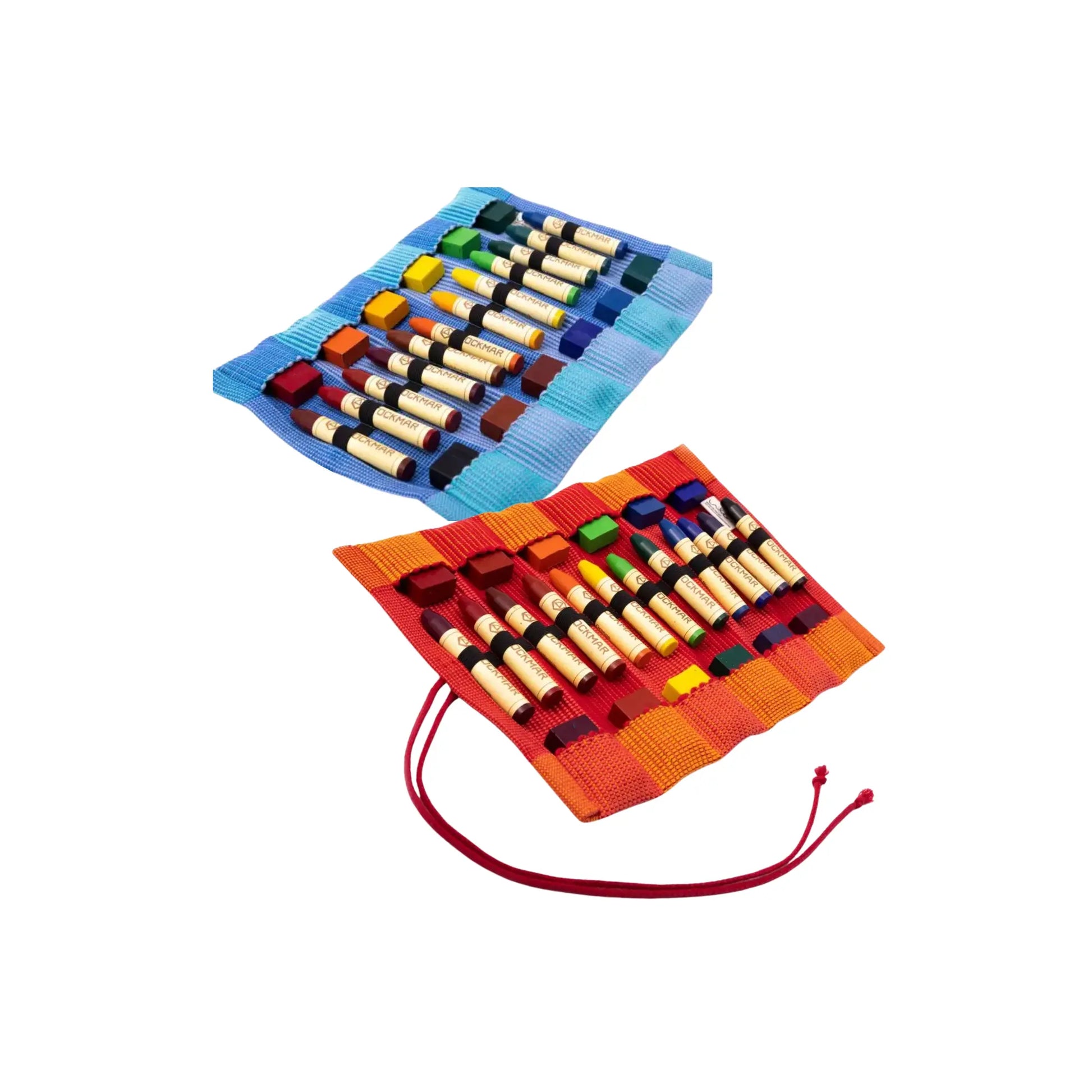 A blue and red checkered set of crayon rolls with stick and block crayons on a white background