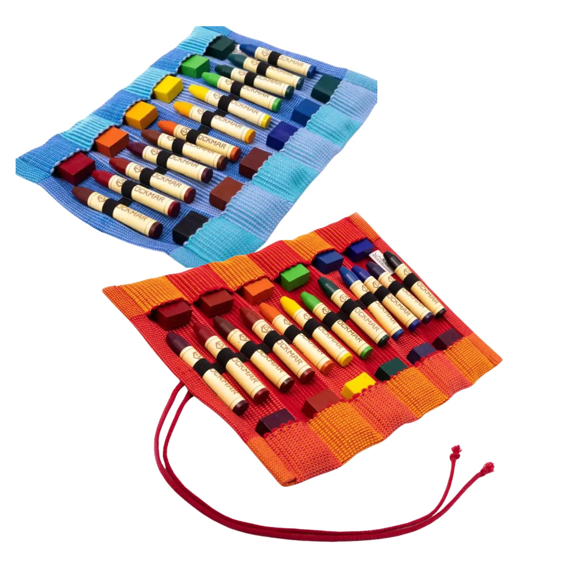 crayons in a colorful woven crayon rolls on a white background