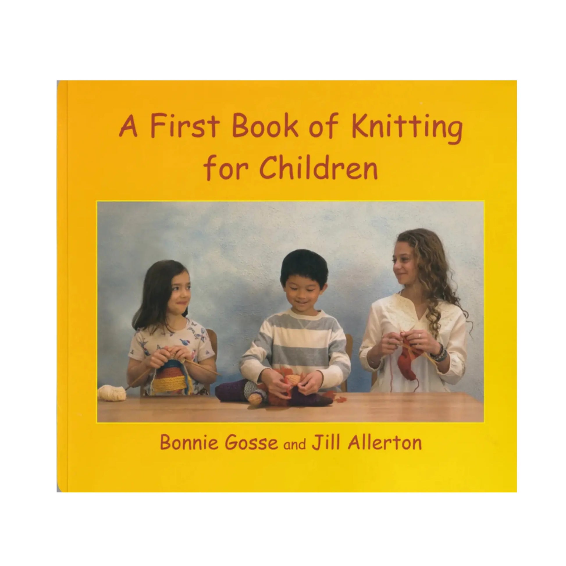Book cover of 'A First Book of Knitting for Children' with three children knitting.