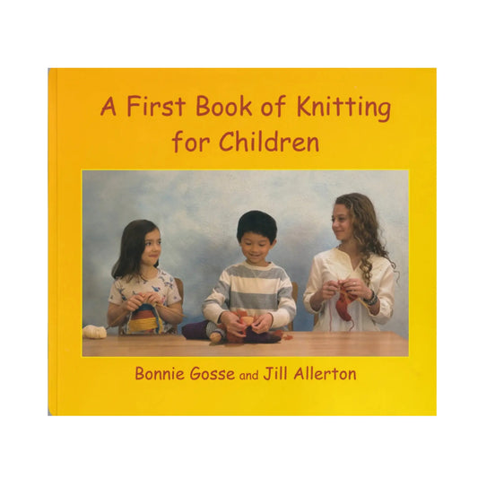 Book cover of 'A First Book of Knitting for Children' with three children knitting.