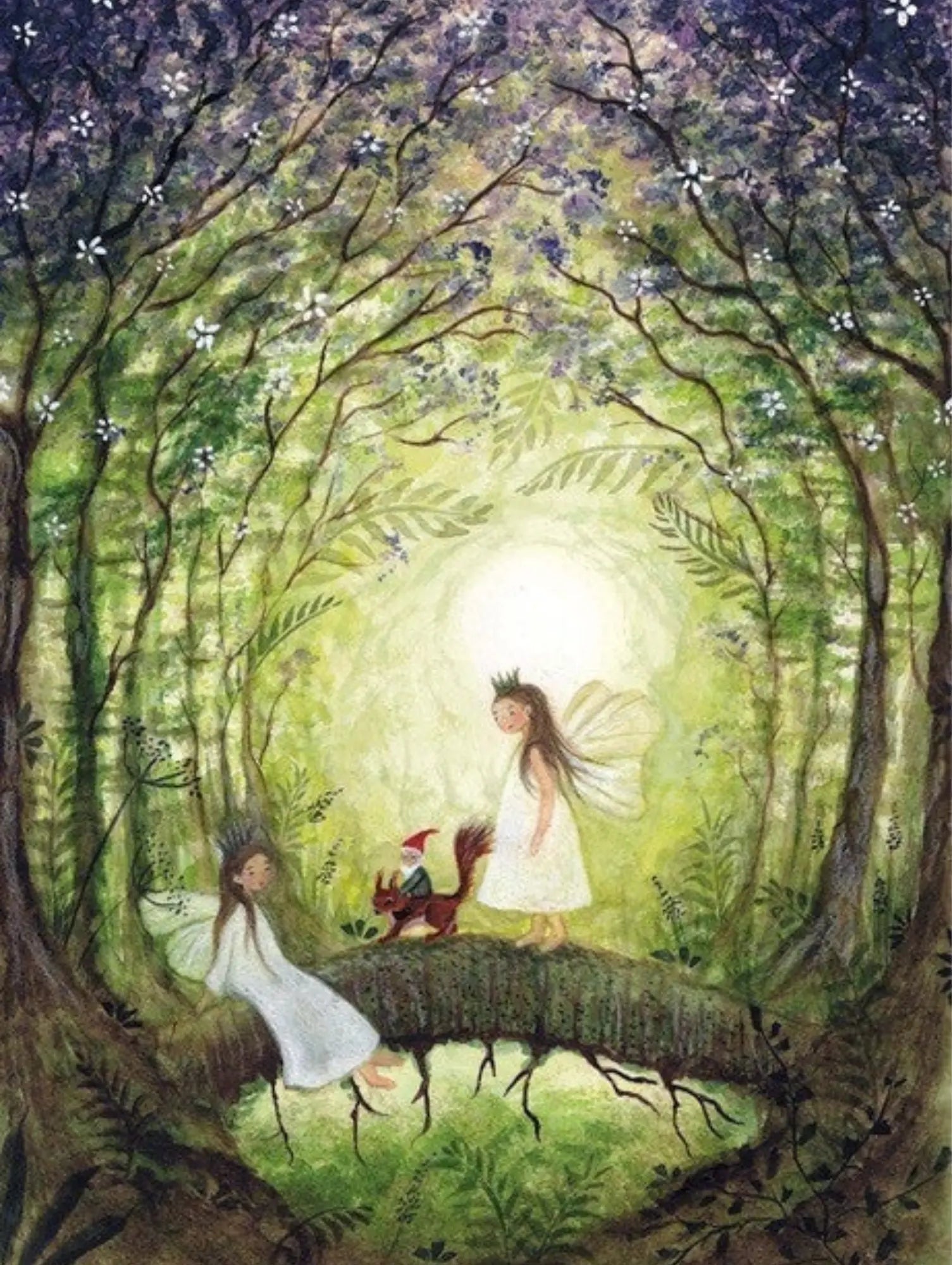 Two fairies in a forest with a squirrel and gnome with a glowing light source