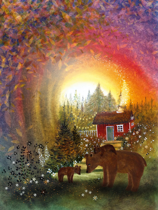 Painting of a bear and her cubs in a forest with a small house and colorful sky.