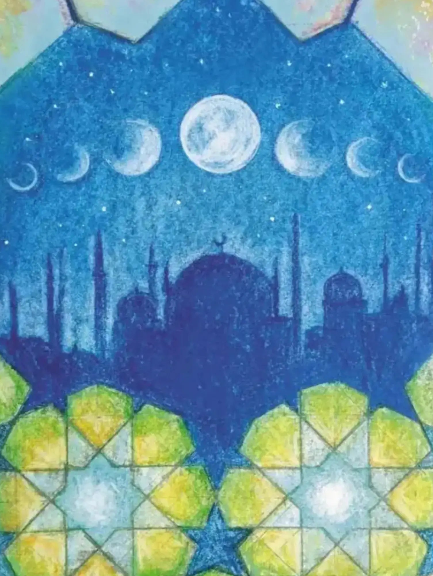 Decorative Ramadan Mubarak chalk art Card with Moons, city silhouette and geometric stars