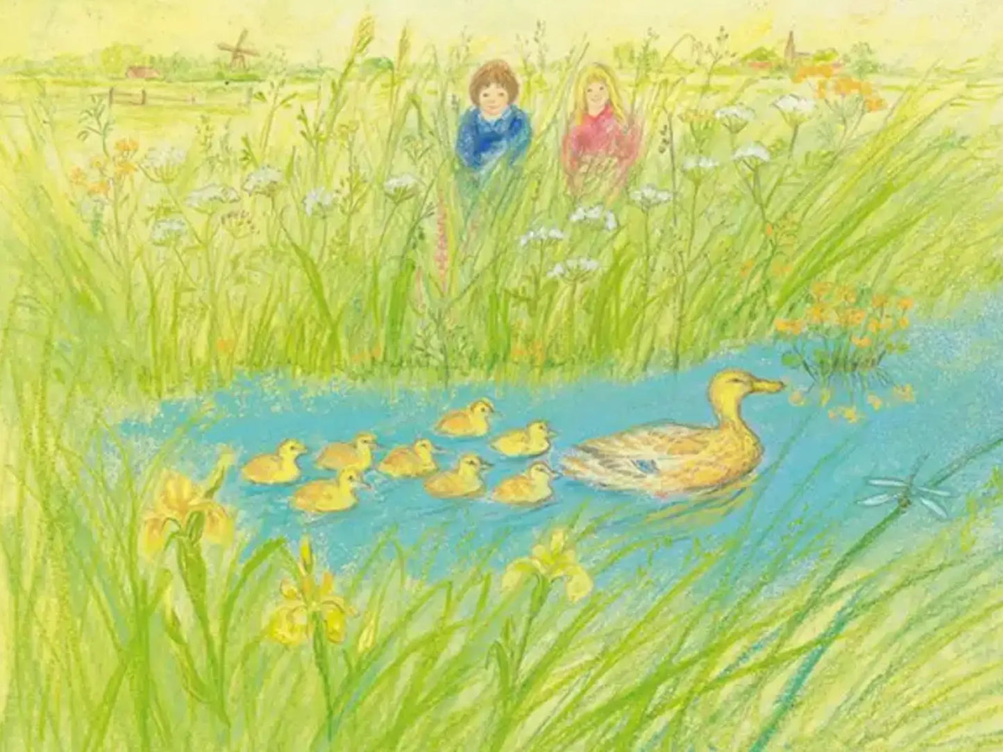 Illustration of children watching ducks by a pond with grass and flowers.