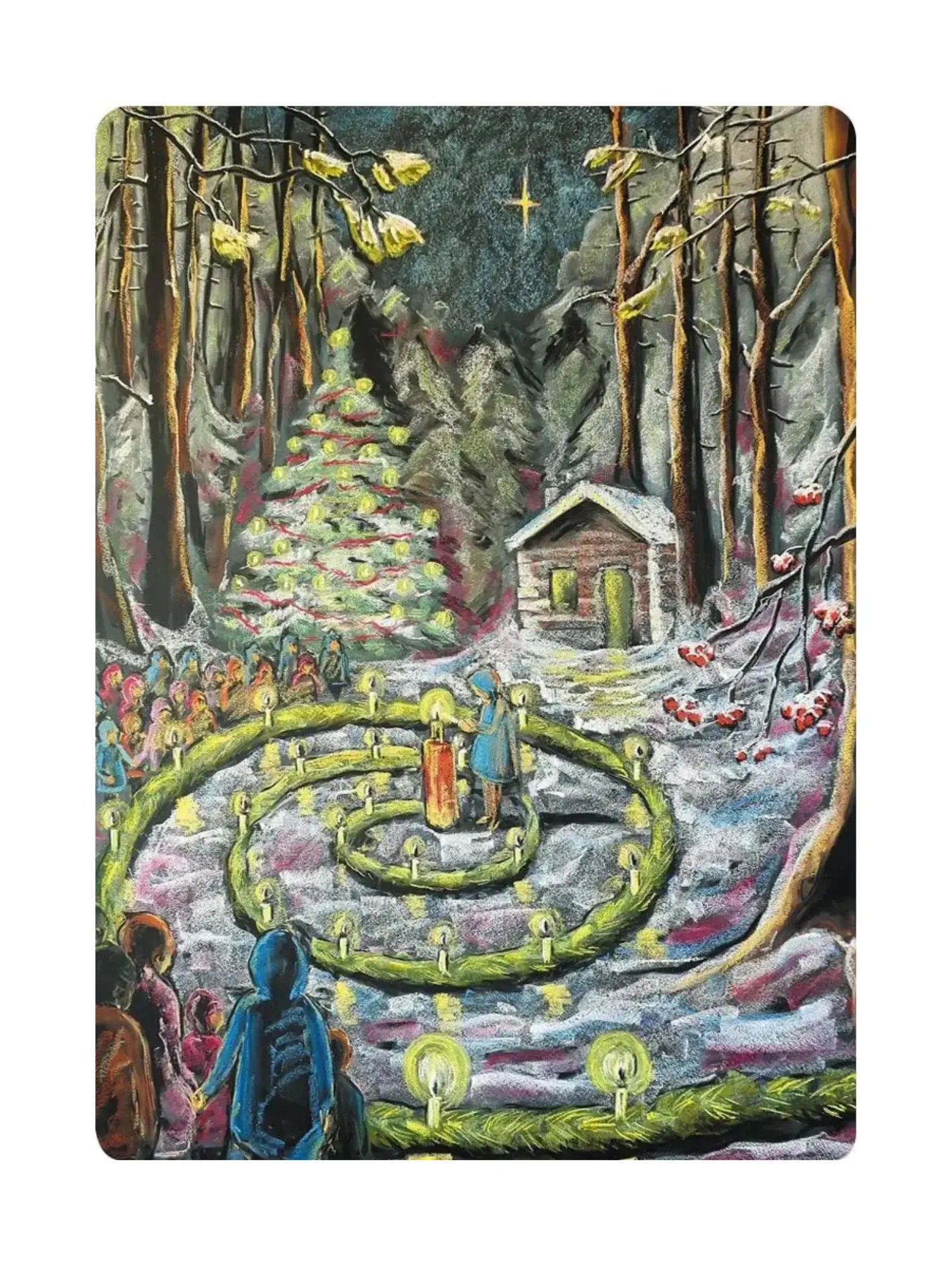 Festive scene with people around a decorated Christmas tree  and evergreen spiral in a snowy forest.