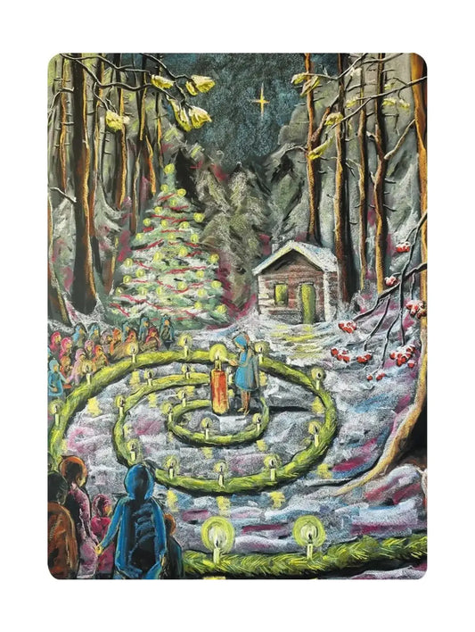 Festive scene with people around a decorated Christmas tree  and evergreen spiral in a snowy forest.