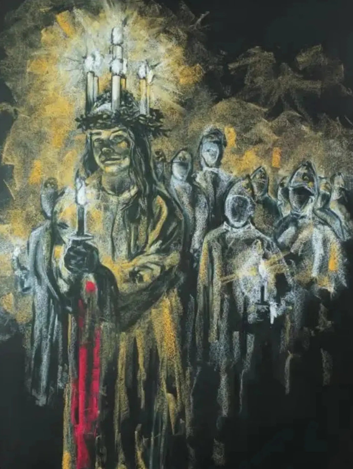 Artistic depiction of a Saint Lucy figure with a crown of evergreens and candles, surrounded by family and community in a dark setting