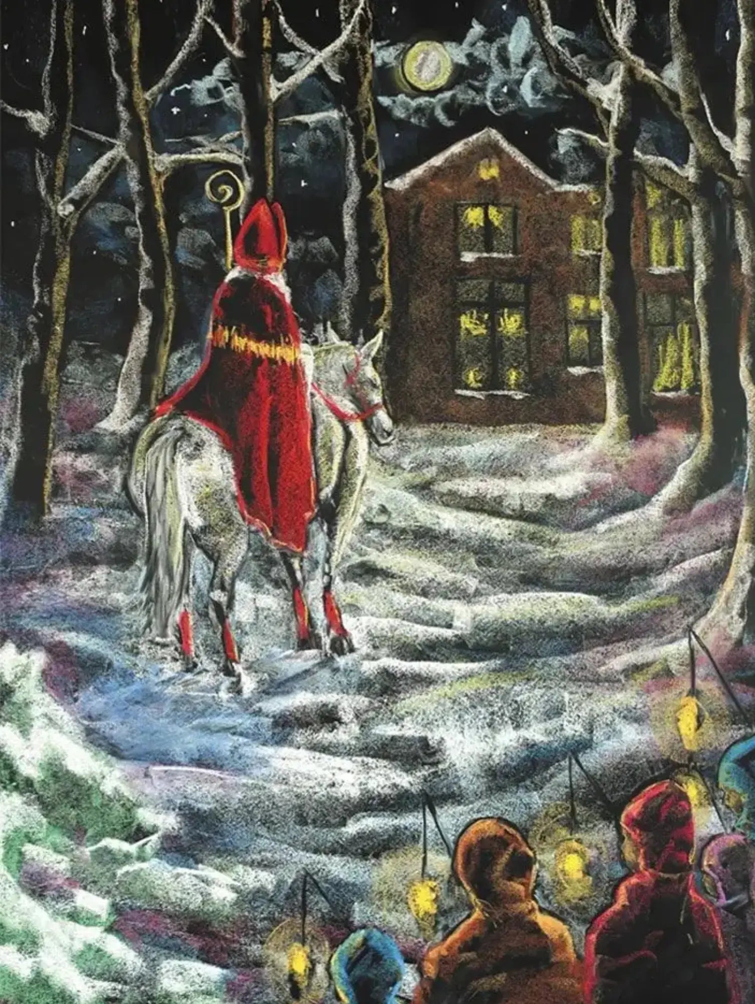 Painting of a hooded figure on a horse in a snowy landscape with a house in the background.