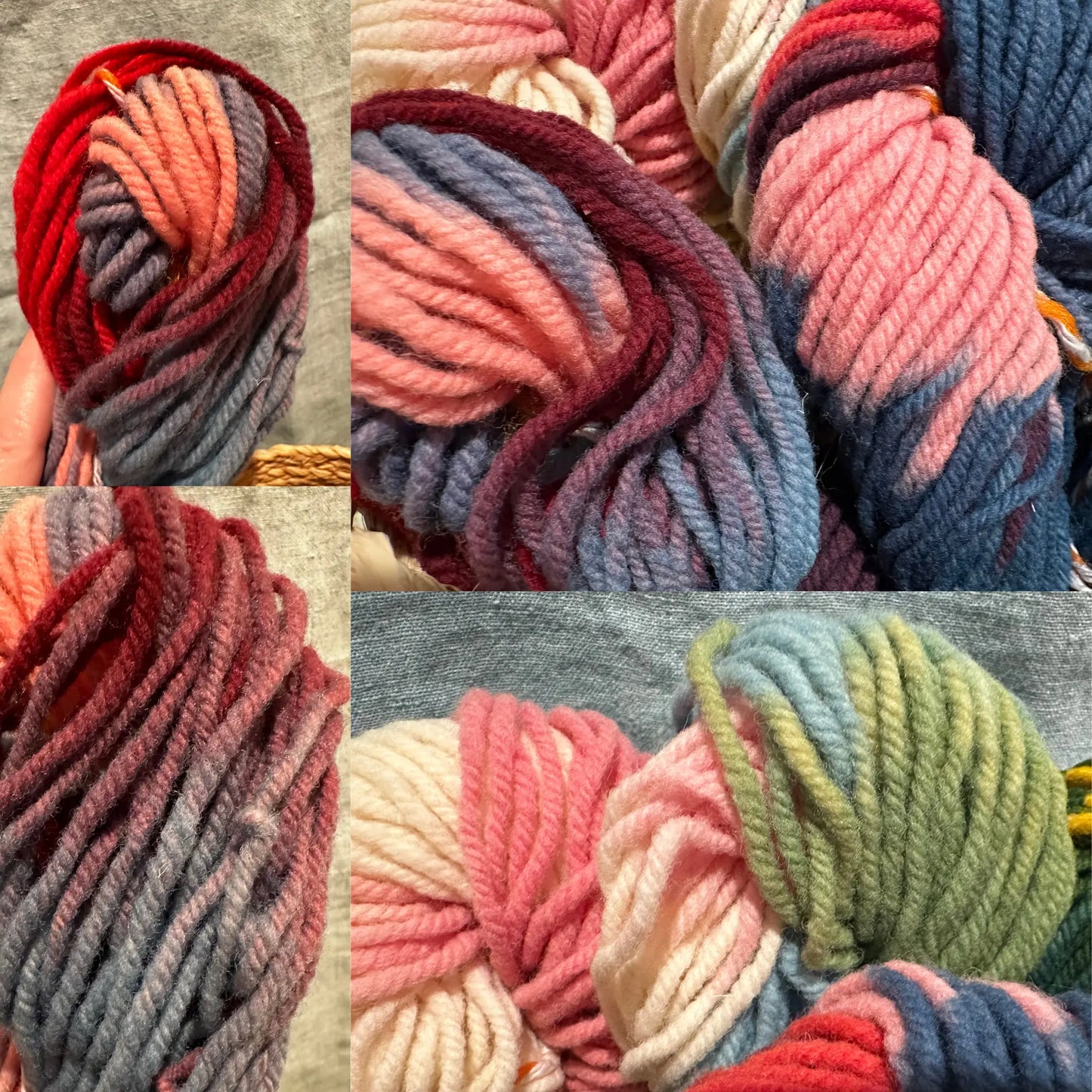 Collage of colorful wool yarn skeins in various shades.