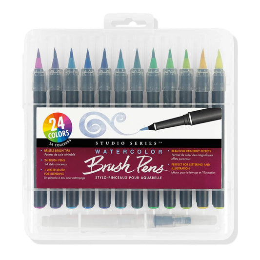 Set of 24 watercolor brush pens in a clear plastic case with G&G branding.