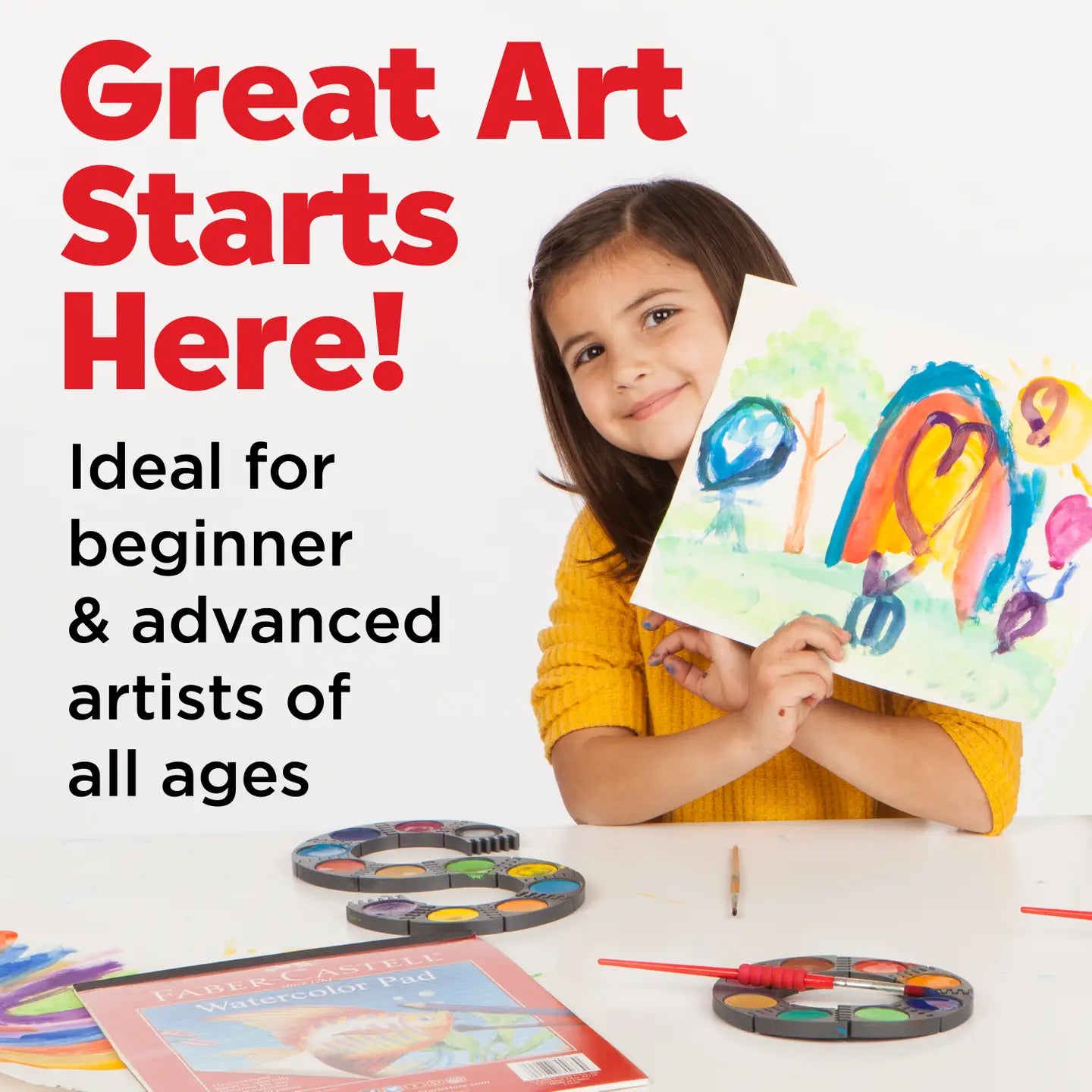 Child holding a colorful drawing with art supplies and text about art classes for all ages.