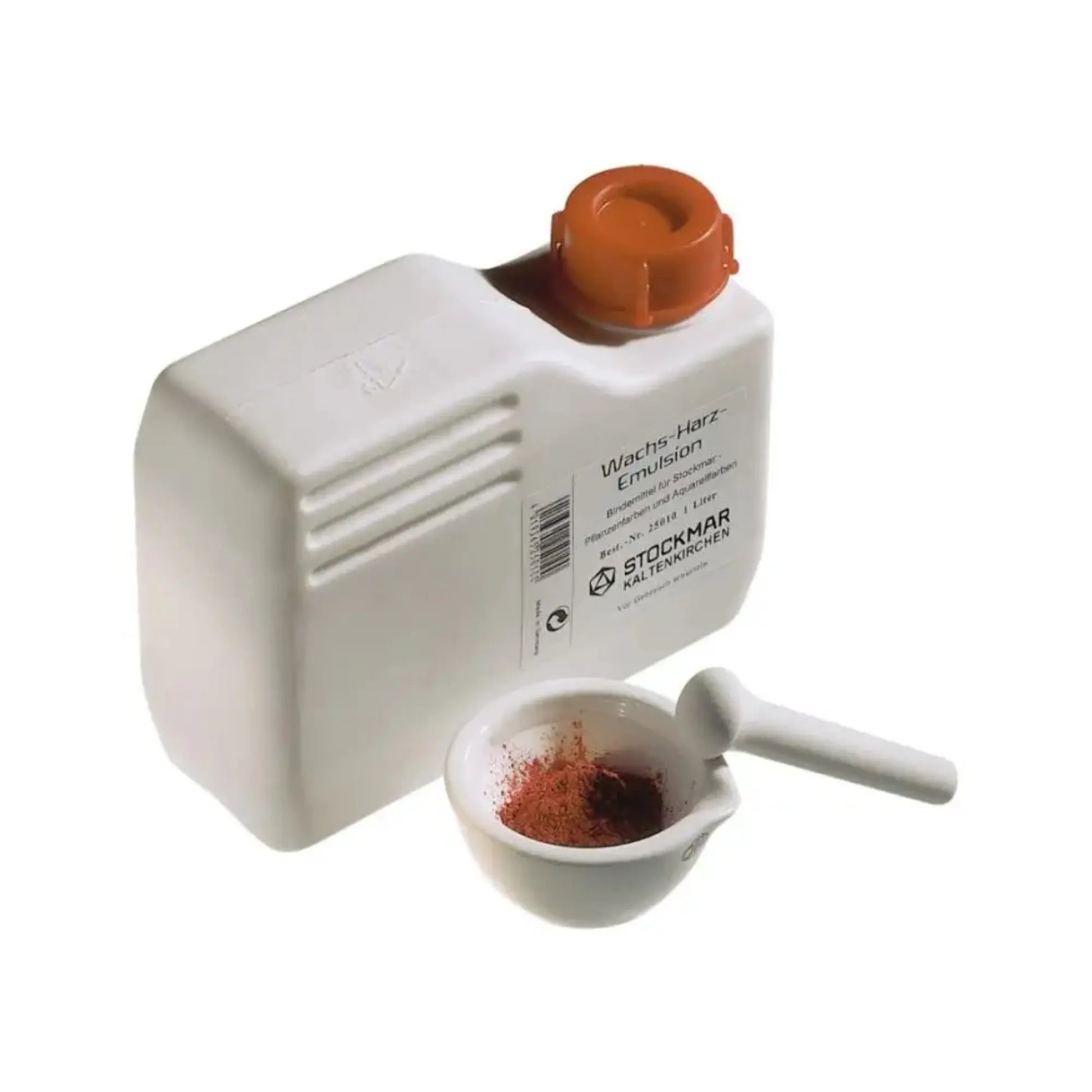 1 jug of Binding Agent, Artemis Wax & Resin Emulsion next to a mortar and pestle