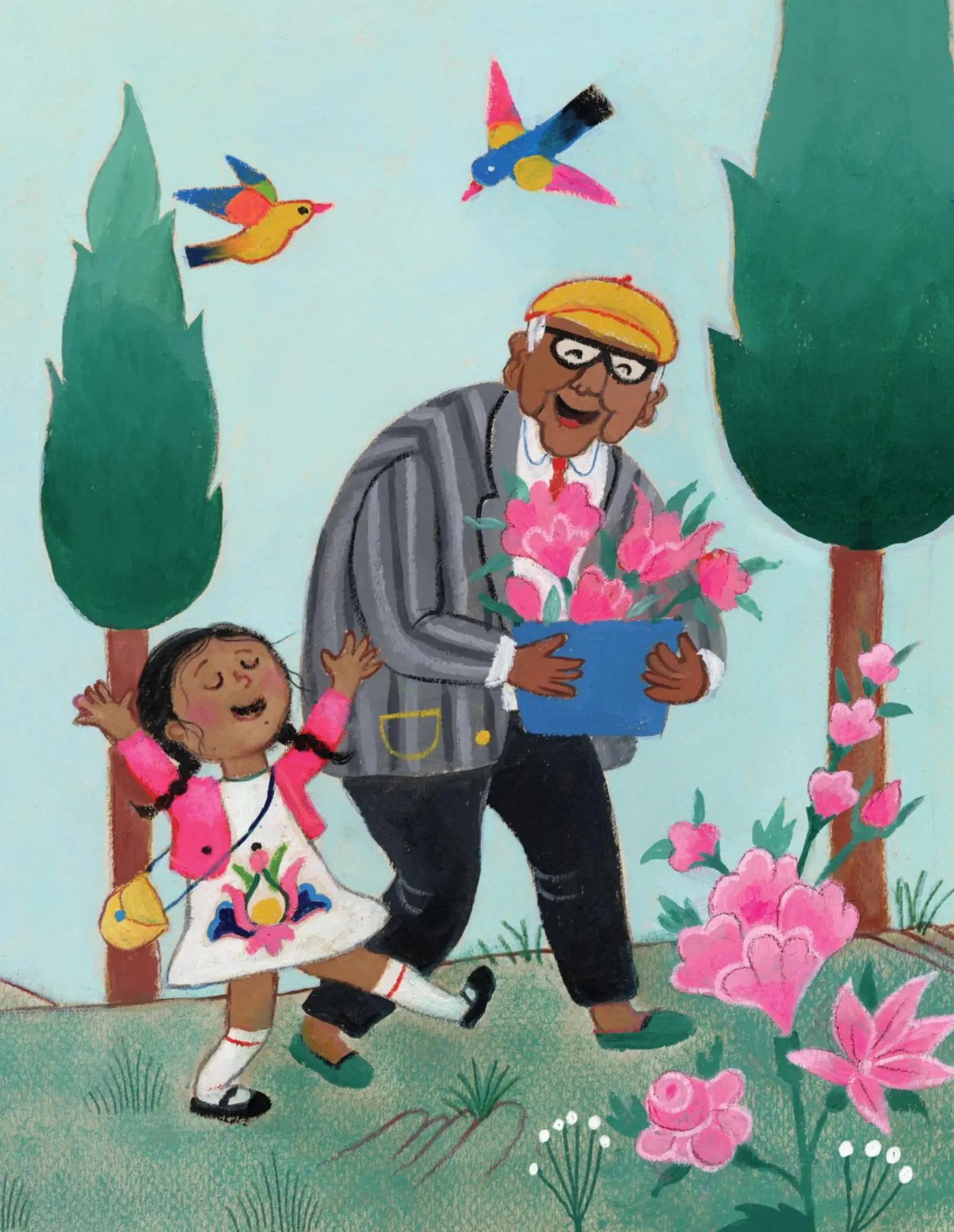 Illustration of a grandfather and a young girl holding flowers in a garden setting.