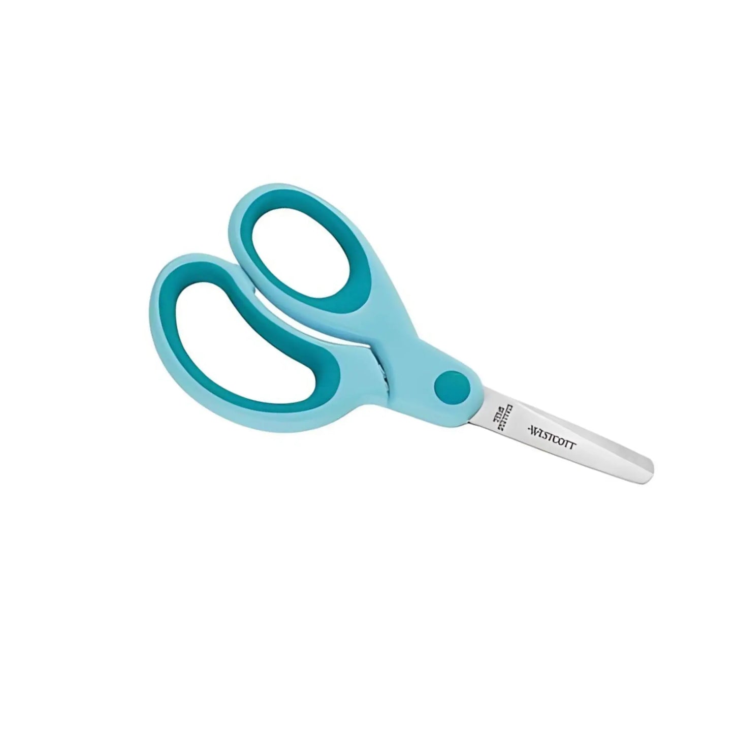 Pair of blue scissors with a white background
