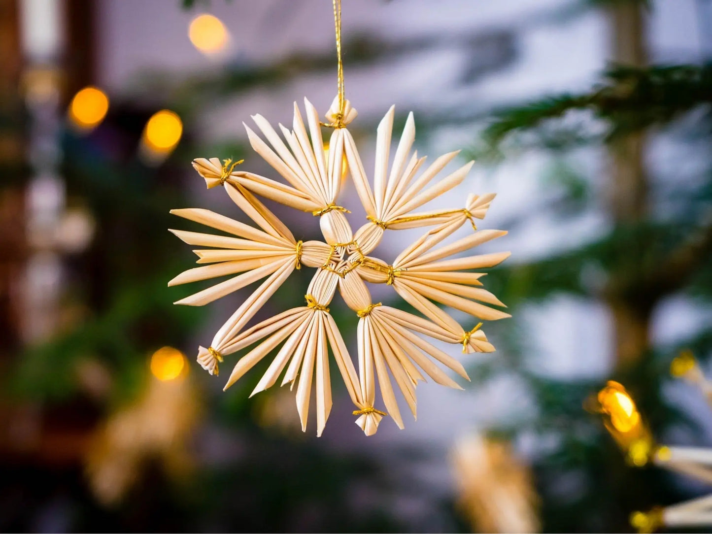Swedish Straw Ornament woven from Flax Straws in the Corn dolly weaving traditions with fir trees in background