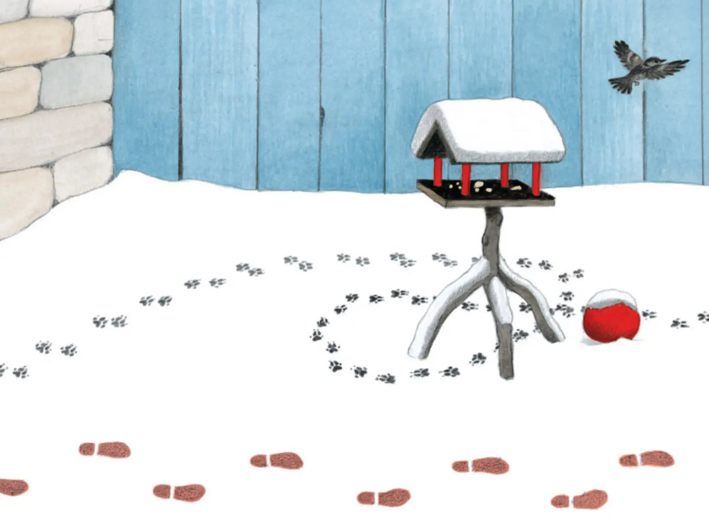 Illustration of a bird feeder with seeds on a snowy background