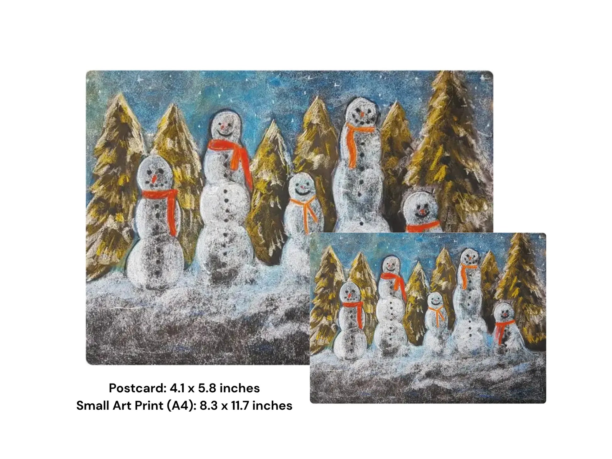 Set of two art prints featuring snowmen and trees with text indicating size differences.