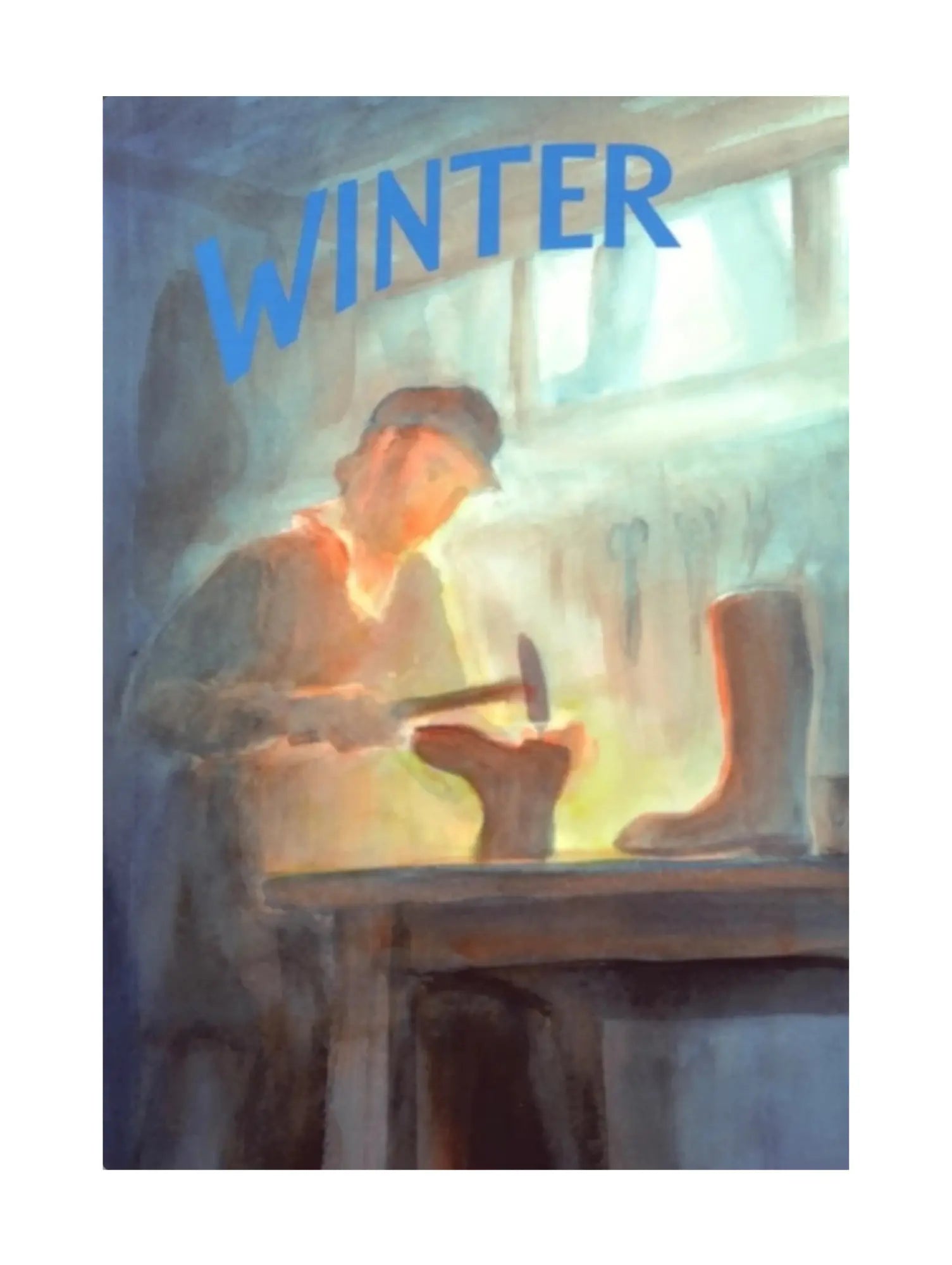 Illustration of a blacksmith at work with 'WINTER' text above