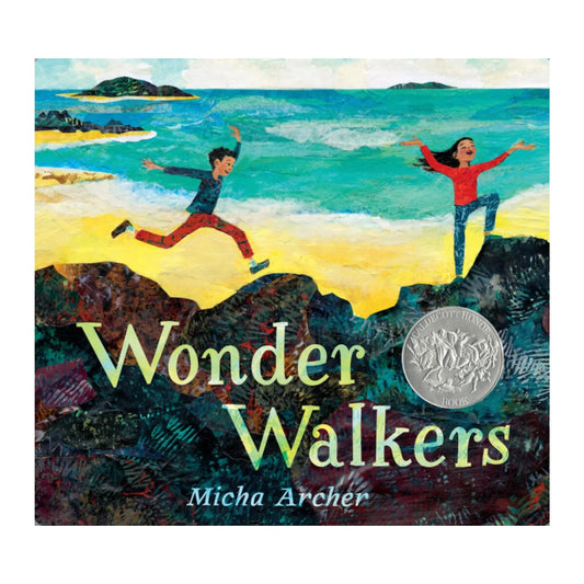 Book cover of 'Wonder Walkers' with two children on a rocky landscape.