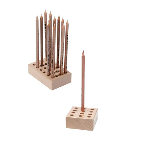 Wooden pencil holder with pencils on a white background