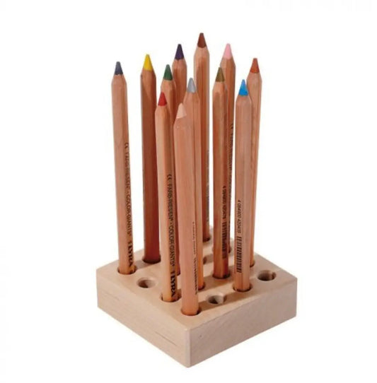 Set of colored Lyra Triangular pencils in a wooden holder on a white background