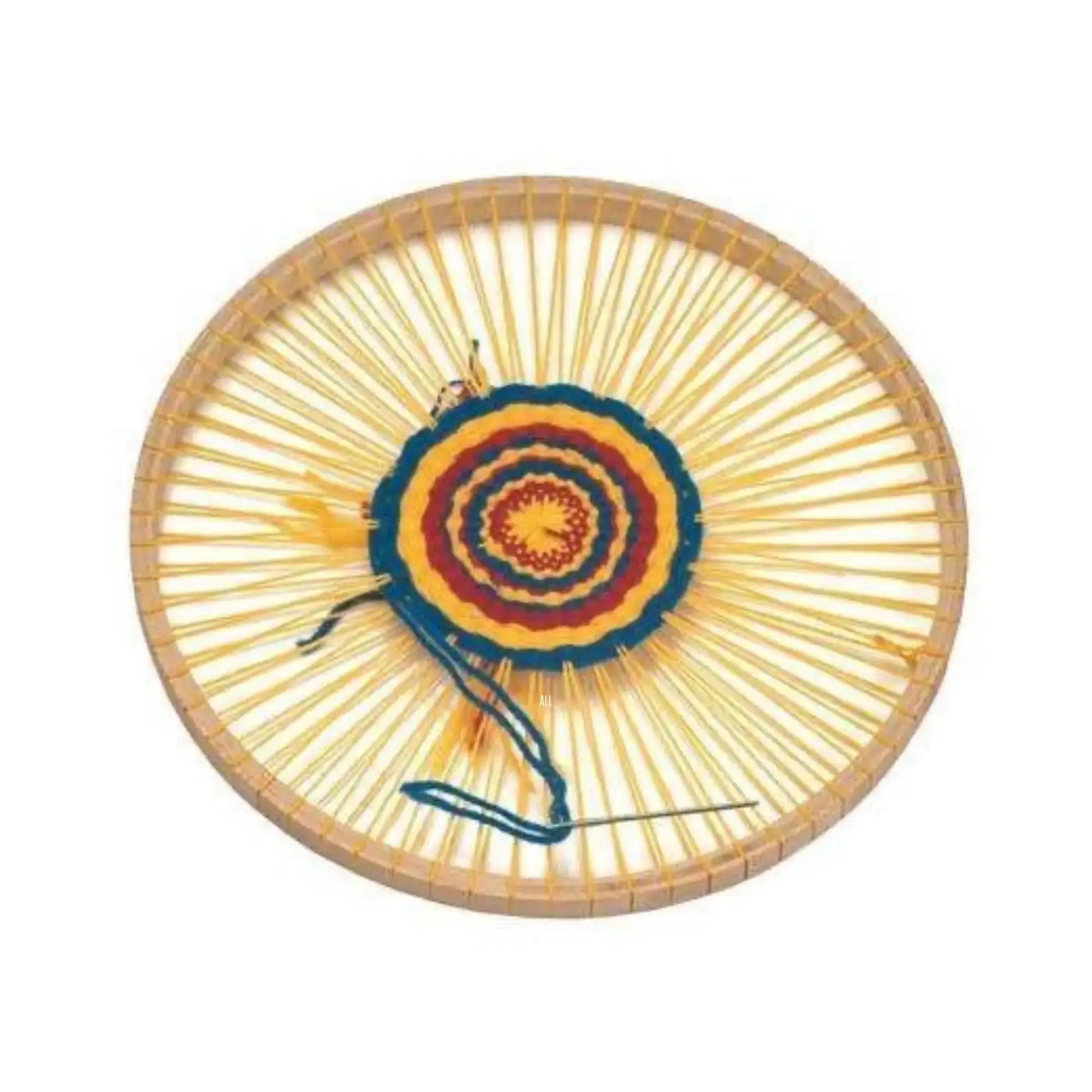 Round woven loom with colorful spiral design on a white background