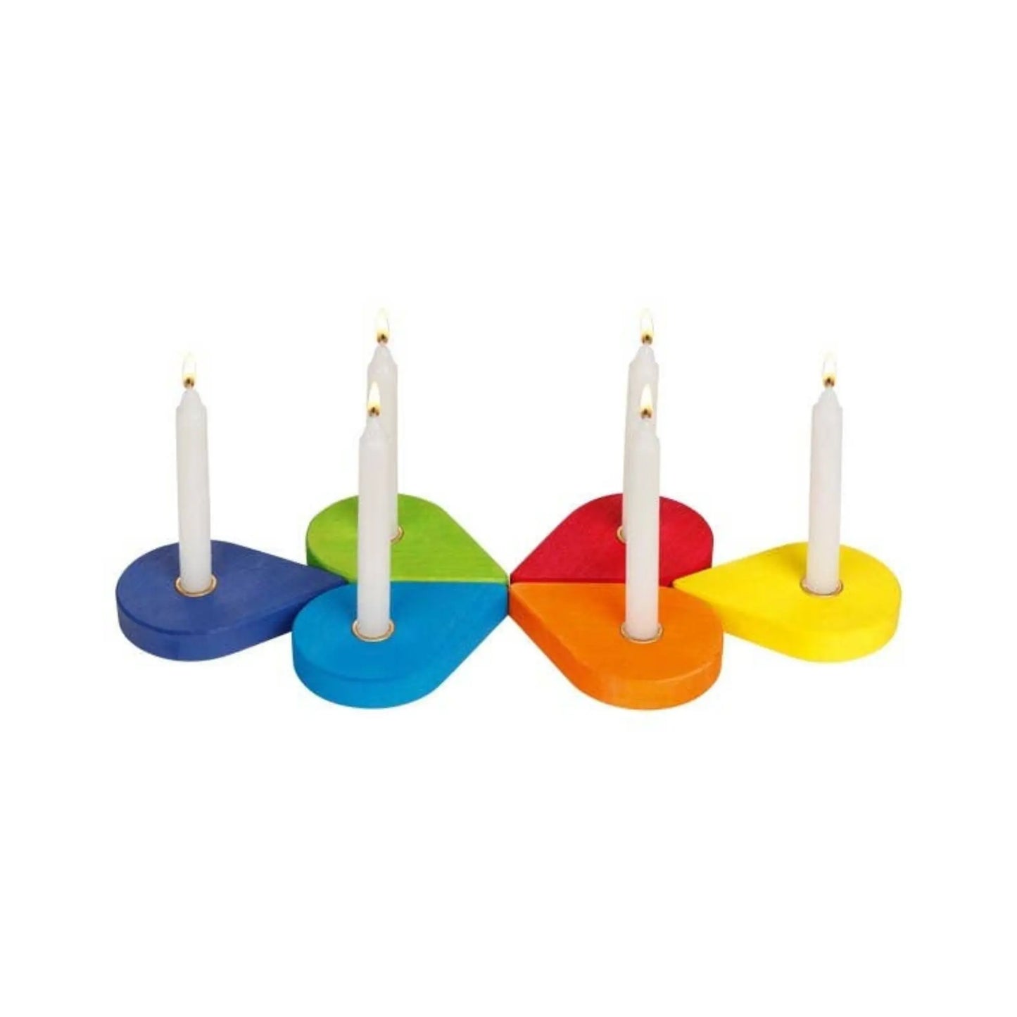 Colorful candle holder birthday wreath arranged in a line with candles on a white background