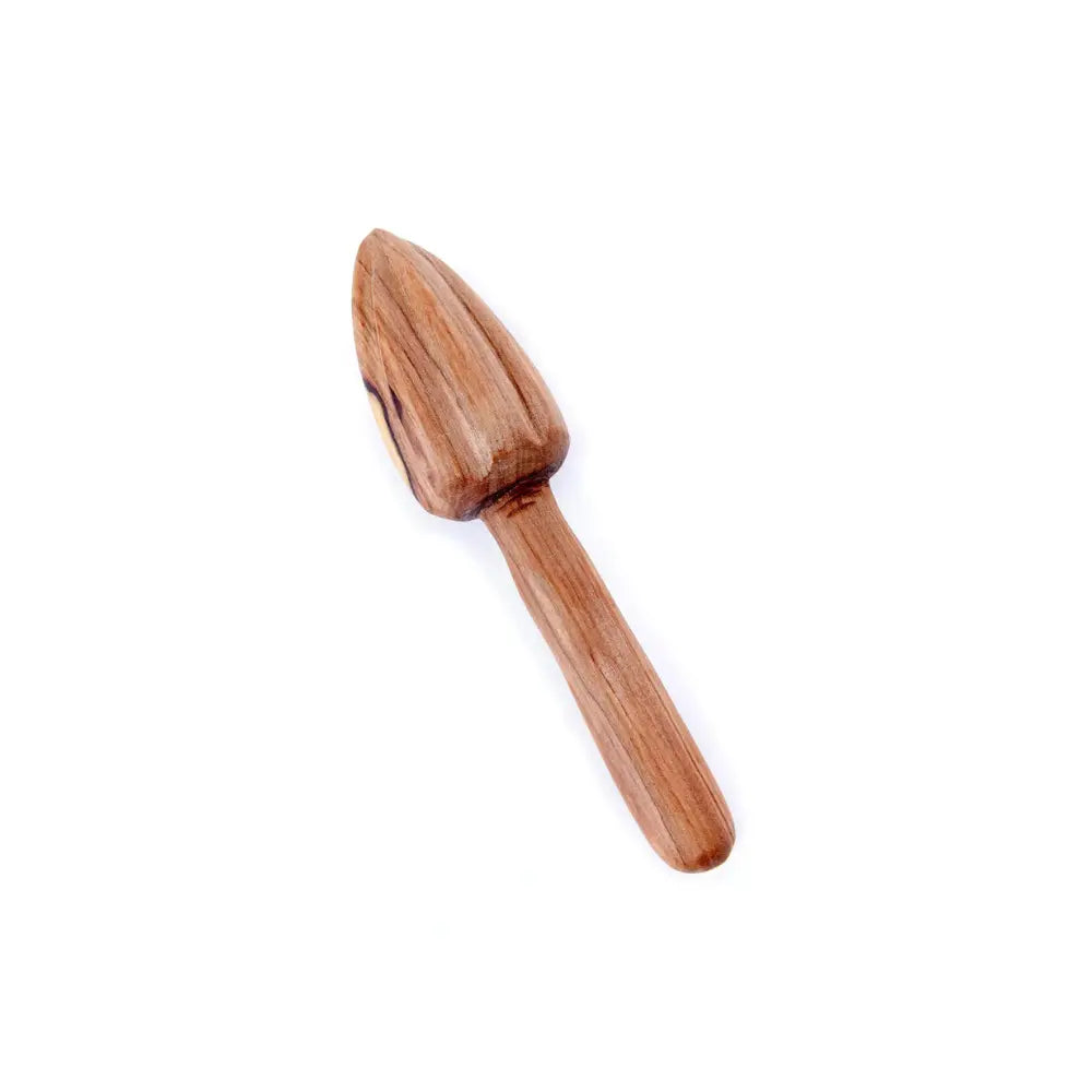 Wooden citrus juicer tool with a pointed end on a white background