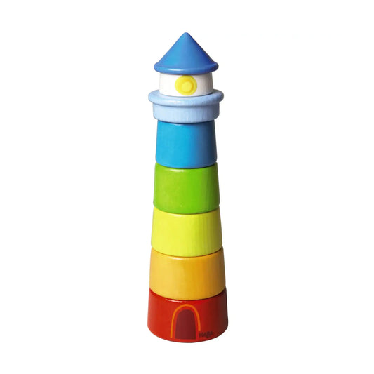 Colorful stackable toddler lighthouse toy on white background