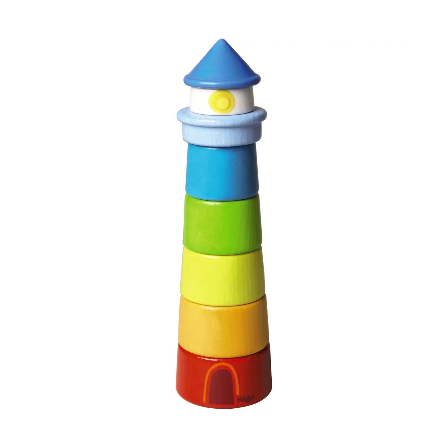 Colorful stackable toy tower with a blue top on a white background