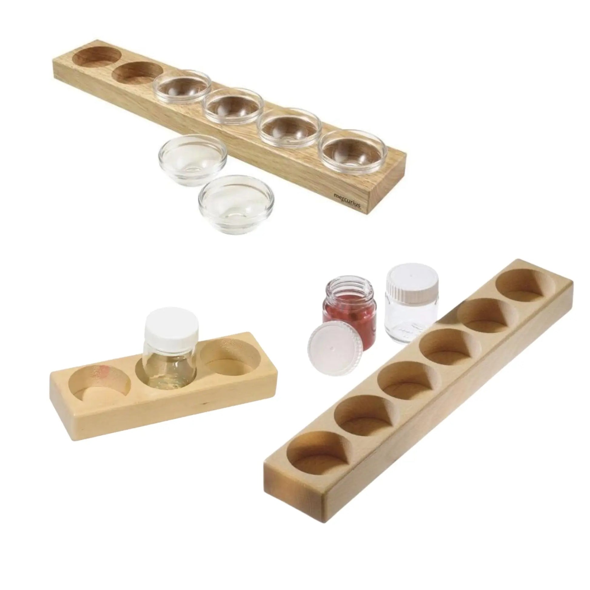 Assorted sizes of wooden paint jar holders and jars for watercolor painting
