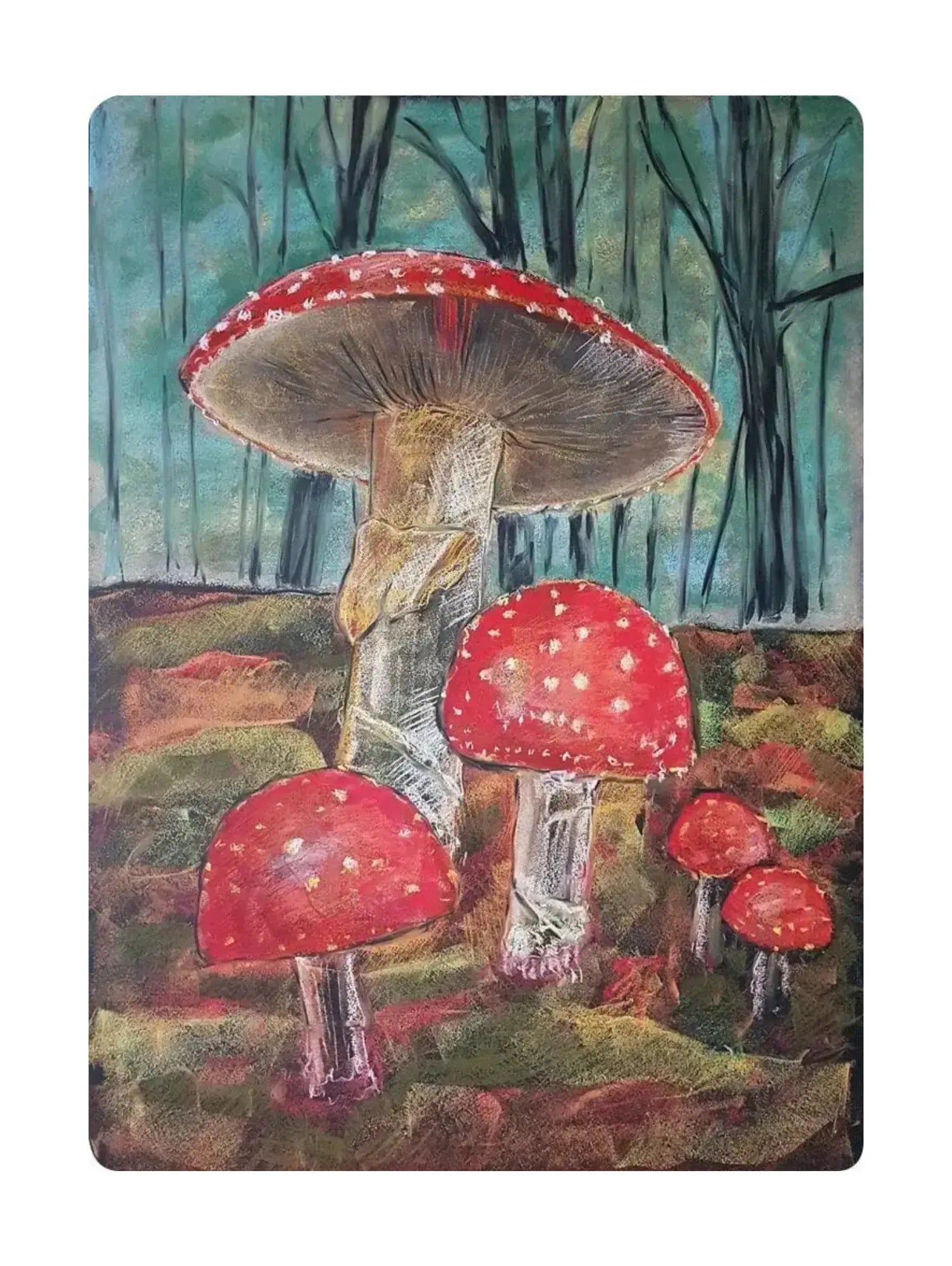 Illustration of red mushrooms with white spots in a forest setting
