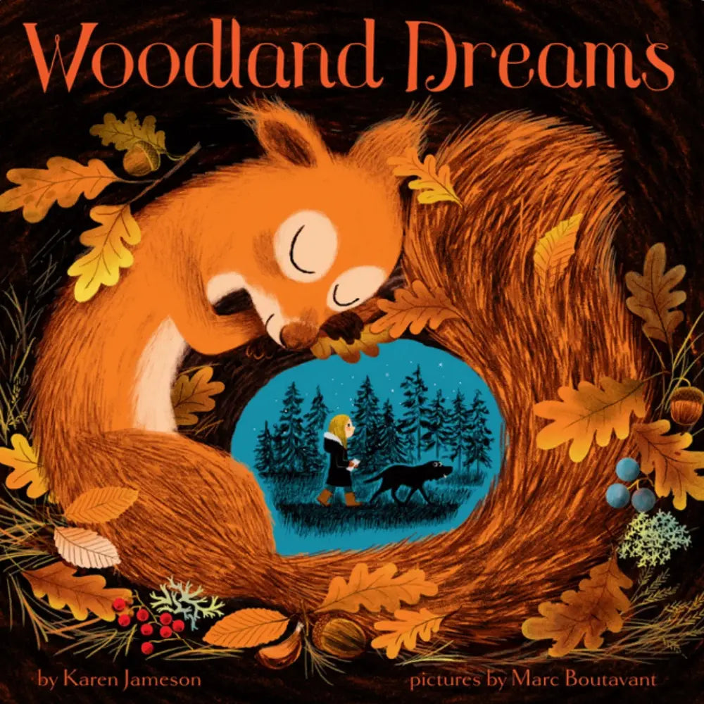 Book cover of 'Woodland Dreams' with a fox holding a nest containing a forest scene.