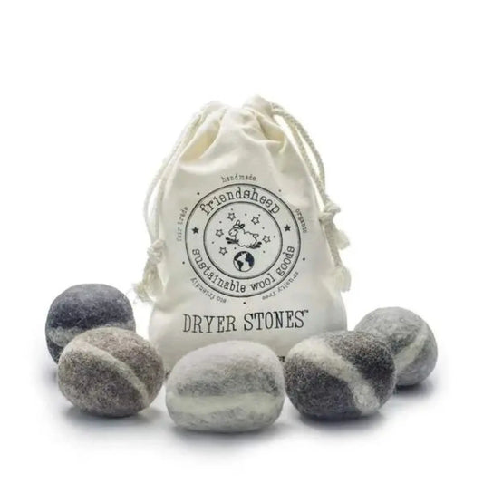 Dryer stones with a branded drawstring bag on a white background