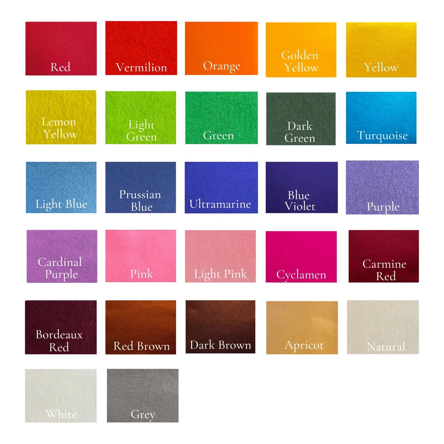 Color swatch chart with various color names of wool felt sheets and corresponding colors.