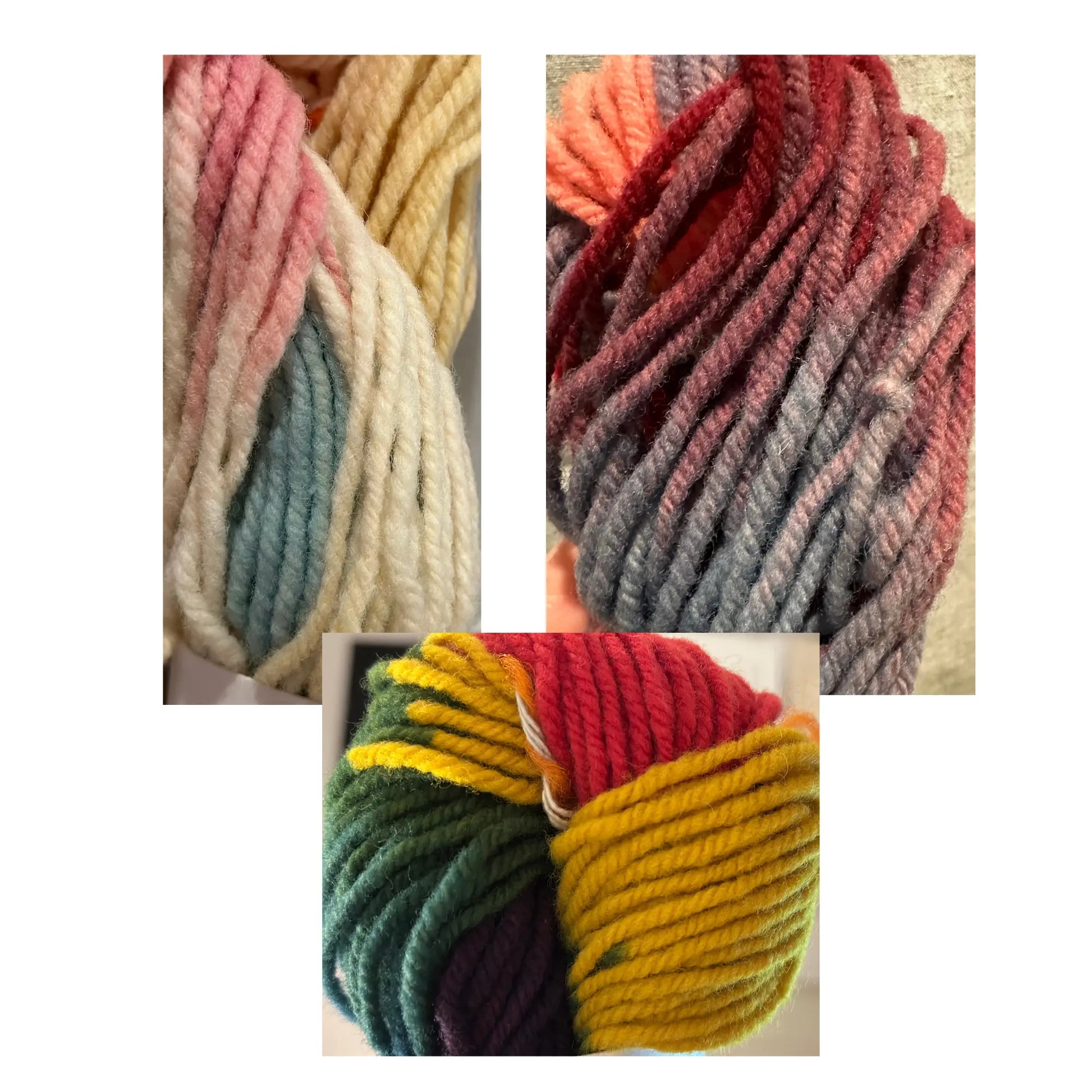 Collage of colorful yarn skeins in various shades.