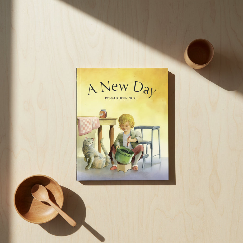 Book cover of 'A New Day' by Ronald Heuninck featuring a child and cat at a table.