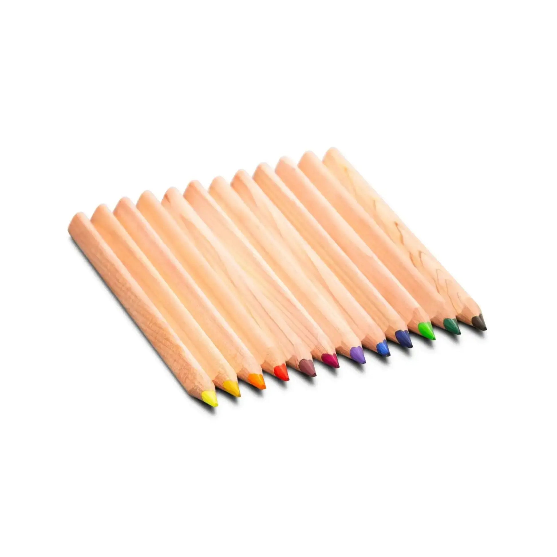 Set of triangle barrel colored pencils with colored tips on a white background