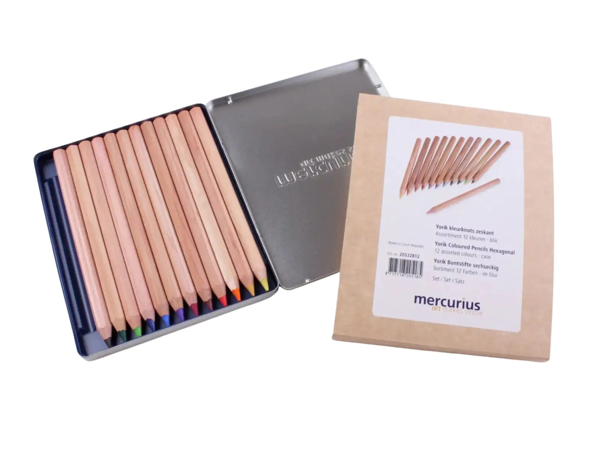 Set of colored pencils in a metal case with packaging displaying the brand 'mercurius'.