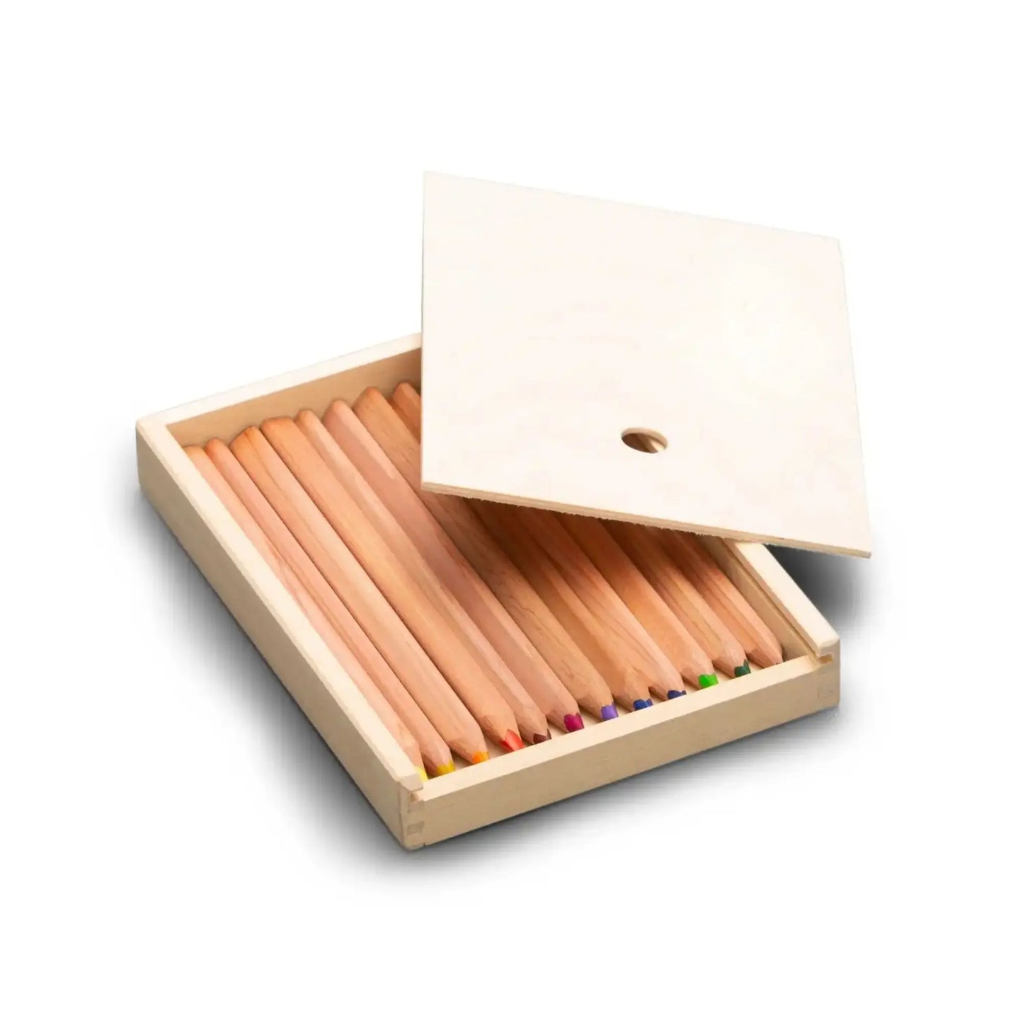 Set of Yorik colored pencils in a wooden box on a white background