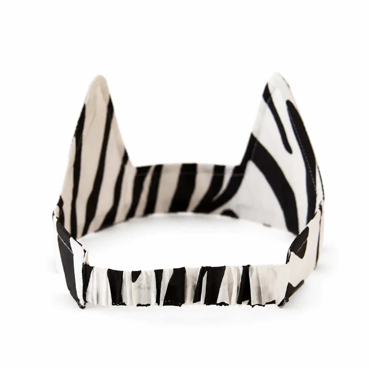 Sarah’s Silks Zebra Ears headpiece back view in black-and-white animal print, made from 100% mulberry silk