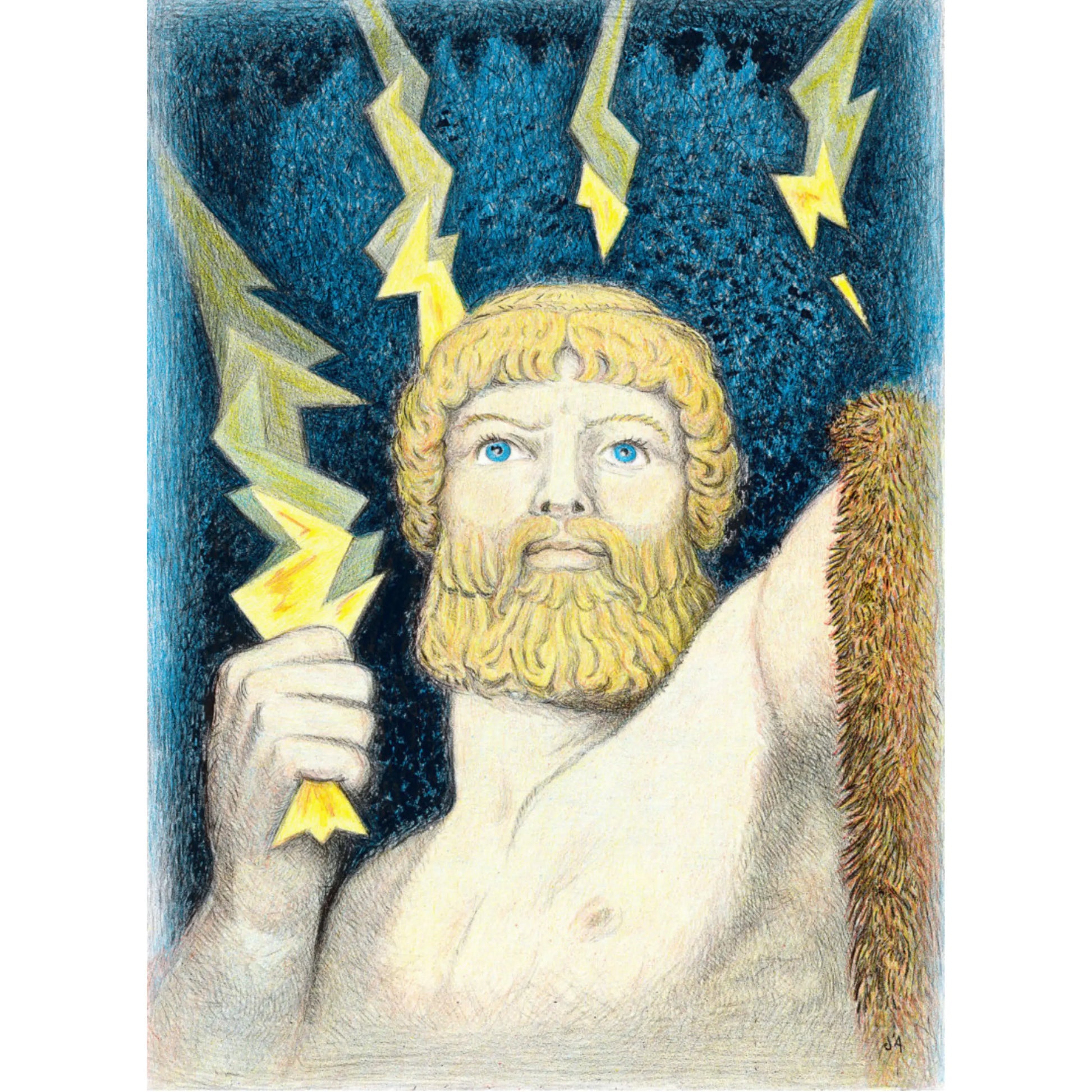 Illustration of Zeus with lightning bolts from a Greek Mythology story