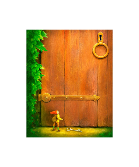 Scene from A Gnome in Training with a young gnome standing before a large wooden door and a key on the ground