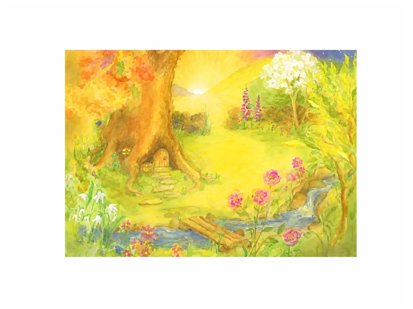 A Place of Wonder scene from Limindoor Woods with a sunlit meadow, tiny tree door, flowers, and a woodland stream