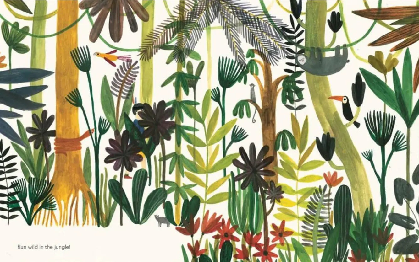 Colorful illustration of a jungle scene with various plants and animals.